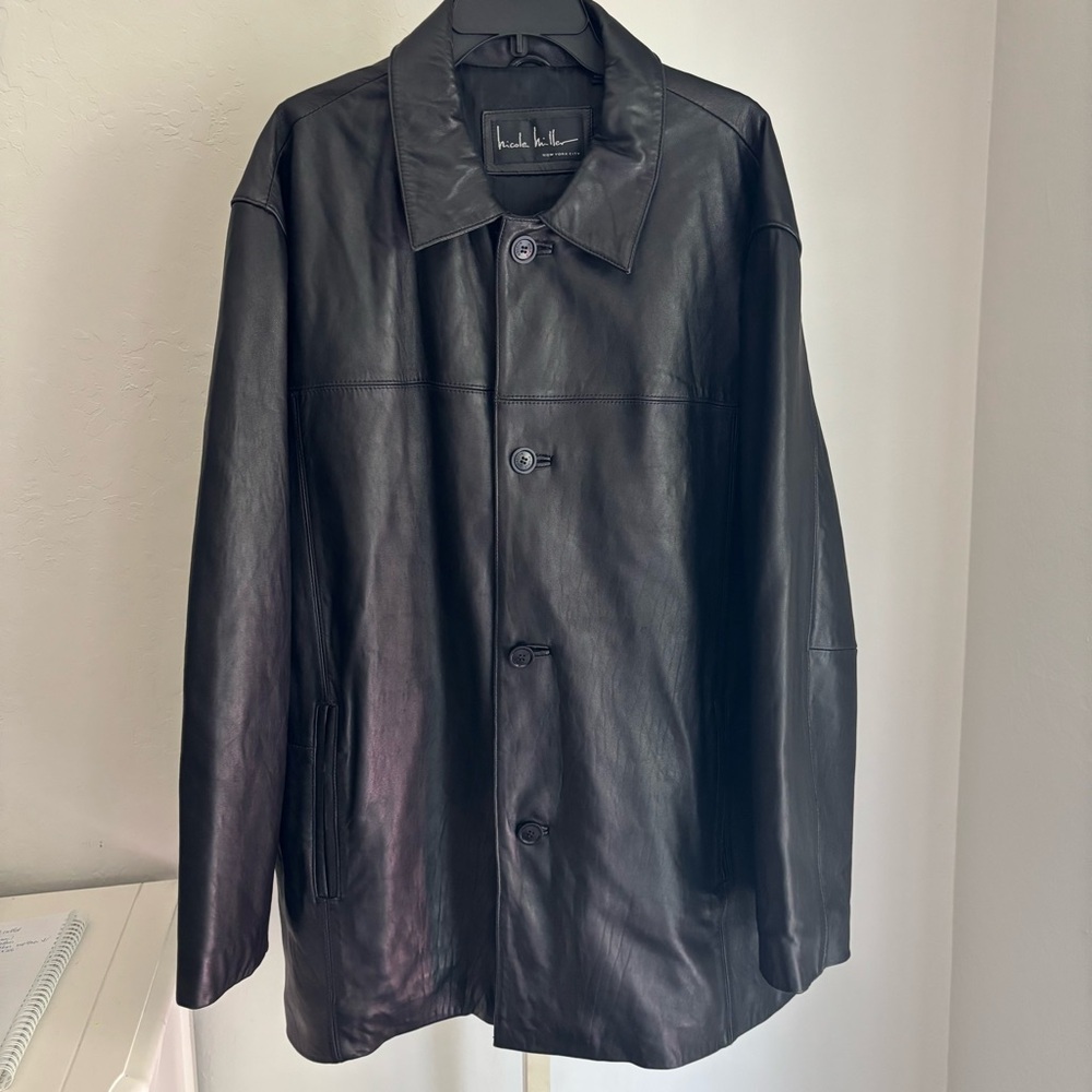 EUC Nicole Miller Men’s Black Oversized Genuine Leather Car Coat